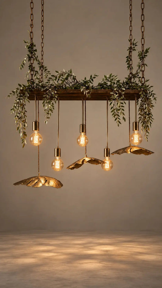 A rustic industrial-style hanging light fixture with a dark wood top, green trailing vines, and five exposed Edison bulbs, with two of the bulbs replaced by gold-toned leaf-shaped shades. Suspended from chains against a warm neutral background.