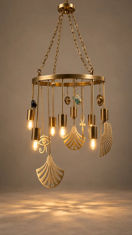 A brass chandelier with hanging pendant lights, including fan-shaped and leaf-shaped metal ornaments, suspended from a circular frame against a warm gray studio background.