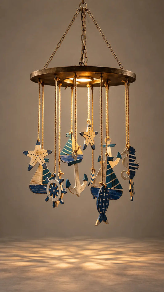 A hanging nautical-themed light fixture with a circular brass-toned top and multiple dangling starfish, seahorse, anchor, and fish cutouts in blue, white, and gold, shown against a warm gray studio background.